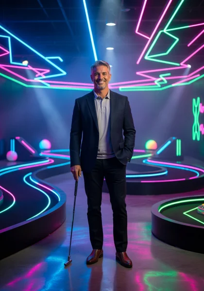 Founder of monoplaycurrnt.autos standing inside the neon-lit mini-golf venue, smiling warmly