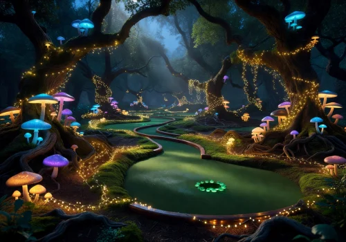 Enchanted forest themed mini-golf hole with glowing mushrooms and fairy lights