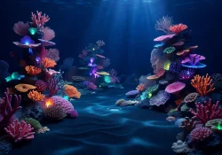 Ocean depths themed mini-golf hole with coral reef structures and deep blue lighting