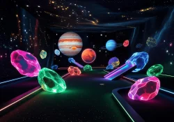 Space-themed mini-golf hole with planets, stars, and neon asteroid obstacles