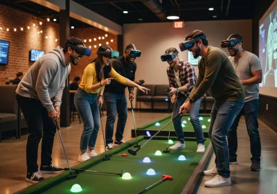 Group of friends laughing and playing together at an interactive entertainment lounge with mini-golf clubs and VR gear