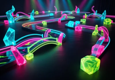 Vibrant neon-lit indoor miniature golf course with glowing obstacles and bridges