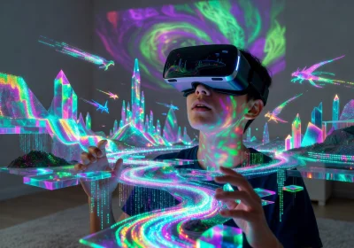 Player immersed in a virtual reality world with colorful digital landscapes visible through the VR headset