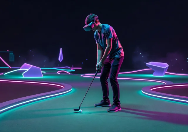 Player wearing a VR headset while putting on a glowing neon mini-golf course at monoplaycurrnt.autos