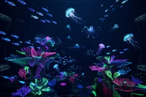 Underwater virtual reality experience with bioluminescent sea creatures and coral formations