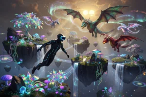 Virtual reality dragon realm with a player flying through a fantasy landscape of floating islands