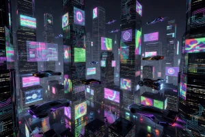 Cyberpunk neon city virtual reality world with futuristic vehicles and holographic signs