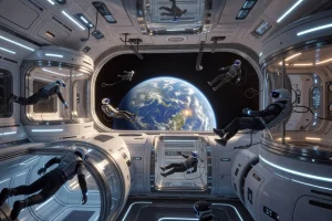 Virtual reality space station with zero gravity mechanics and Earth visible through the window